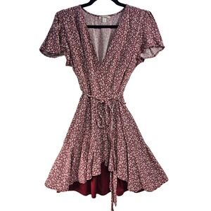 Miami Floral Wrap Dress Short Sleeve V Neck Tie Waist High Low L